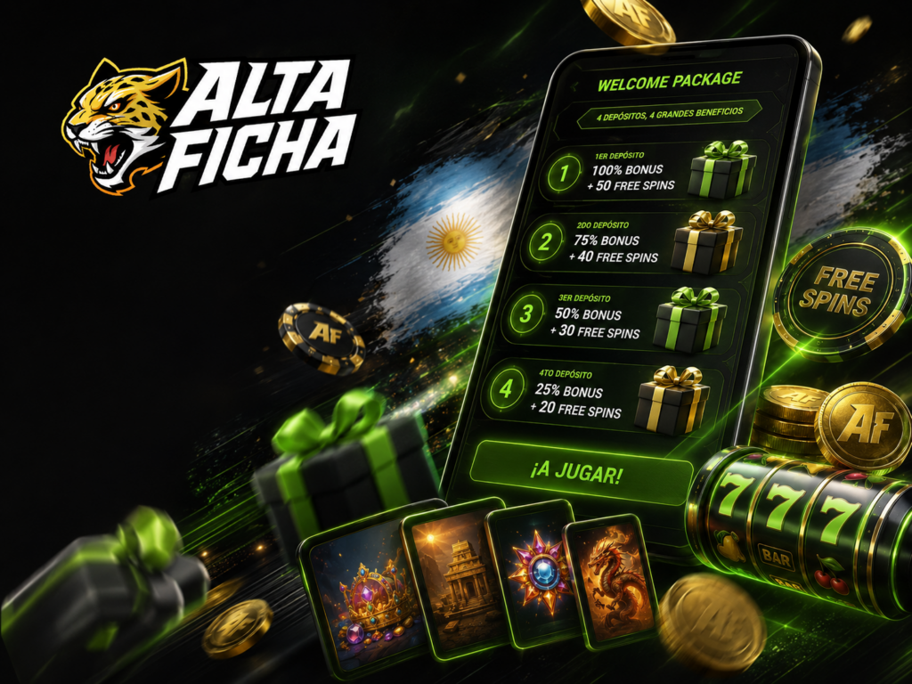 Paquete de bienvenida de Altaficha Casino dividido en cuatro depósitos con bonos y free spins